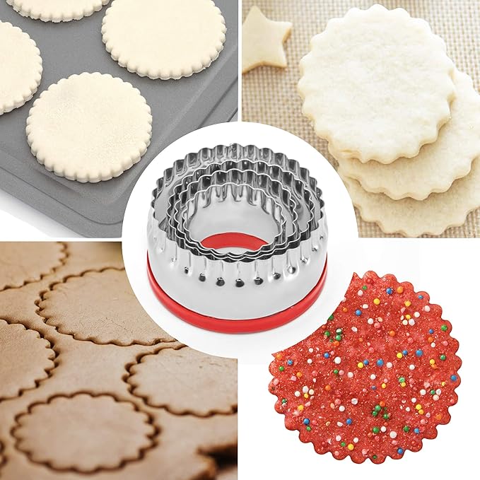 4-Pieces Fluted Round Cookie Cutters, Metal Circle Biscuit Cutters Set, Wave Cookies Cutter with Fluted Edge, Unique Design with Protective Red Top PVC