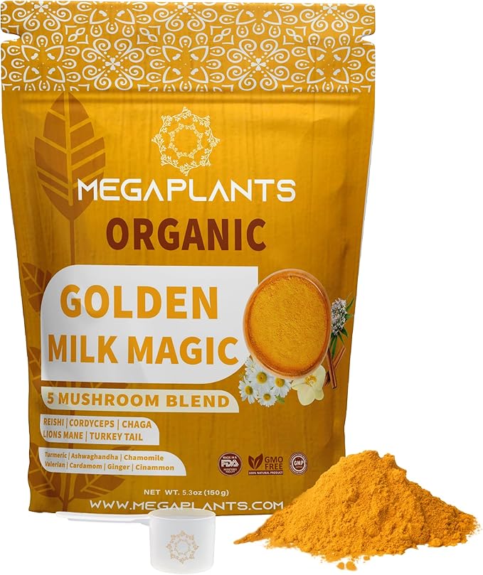 Golden Milk Magic (50 Servings) | Superfood 5 Mushroom Blend for Sleep, Relaxation, Relief | Turmeric, Ashwaghanda, Valerian, Chamomile + 5 Mushroom Blend | Smoothie, Hot Beverage