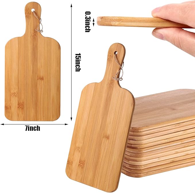 Patelai 12 Packs Wooden Cutting Board Set with Handles Large Kitchen Serving Plain Chopping Board Bulk Gifts for Mom for Vegetables Meat Pizza Cheese Fruit Bread(Bamboo,15 x 7 Inch)