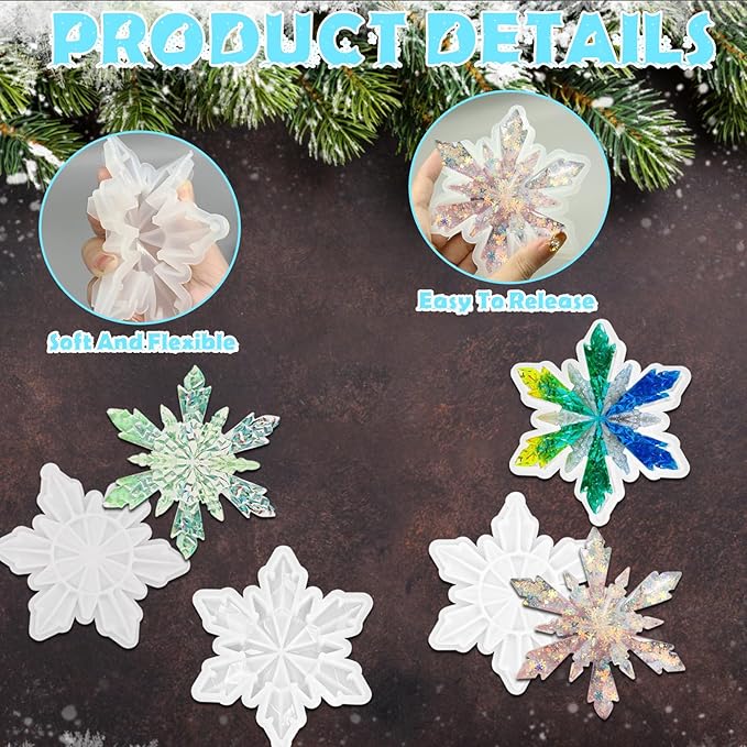 4Pcs Christmas Snowflake Silicone Mold Resin Ornament Molds for Epoxy Resin, DIY Xmas Pendant Home Decoration