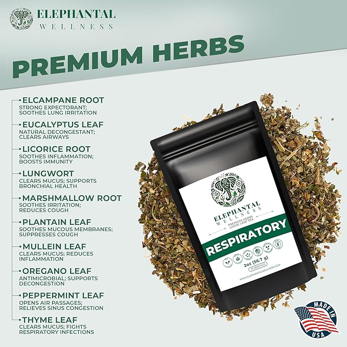 Elephantal Wellness Premium Respiratory Herbal Tea | Lung Detox, Mucus Cleanse & Breathing Support with Mullein, Eucalyptus, Thyme & Lungwort | Handmade, Caffeine-Free, Non-GMO Loose Leaf Blend, 2oz, 20 Servings