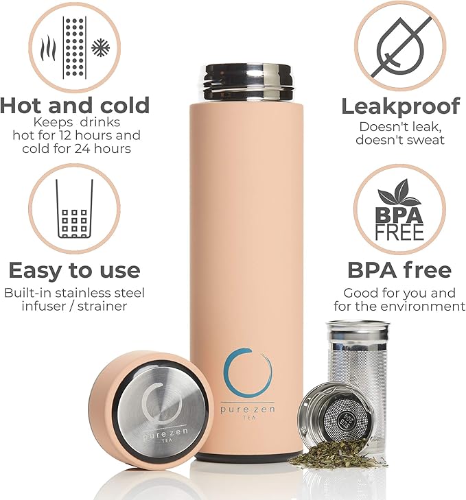 Pure Zen Tea Thermos with Infuser for Hot and Cold Infusions - Stainless Steel - Tea Infuser Bottle - Leakproof Travel Mug with Filter - 15oz - Pink