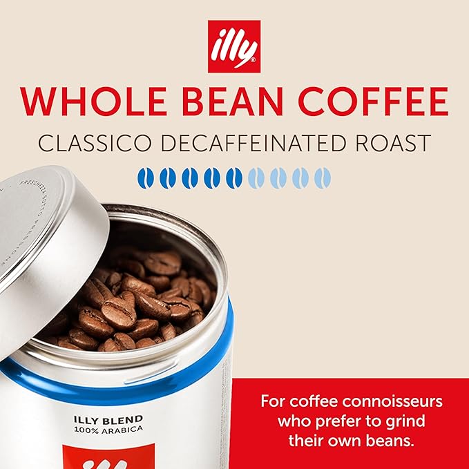 Illy Whole Bean Coffee, Decaffeinated - Medium Roast - Mild & Balanced - 100% Arabica - Whole Beans - Pressurized Packaging Sealed for Freshness - 8.8oz can (Pack of 12)