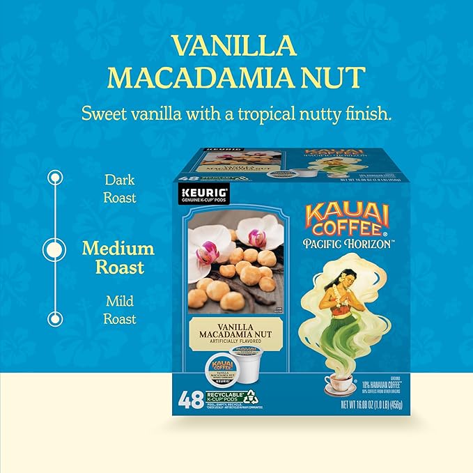 Kauai Coffee K-Cup Pods for Keurig Brewers – Arabica Coffee, 10% Hawaiian – Medium Roast, Vanilla Beans with Toasted Macabamia Nuts – Vanilla Macadamia Nut, 1 Pack of 48 Single Serve K-Cups