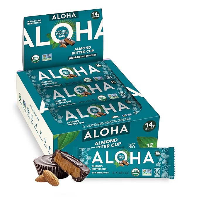 ALOHA Organic Plant Based Protein Bars - Almond Butter Cup - 12 Bars, Vegan, Low Sugar, Gluten-Free, Paleo, Low Carb, Non-GMO, No Stevia, No Erythritol