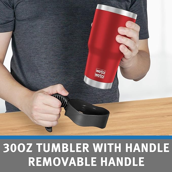 WETOWETO 30oz Insulated Tumbler With 2 Lids and 2 Straws, Stainless Steel Double Vacuum Coffee Tumbler Cup with handle, Powder Coated Travel Mug for Office, Travel(Harvest Red, 1 Pack)