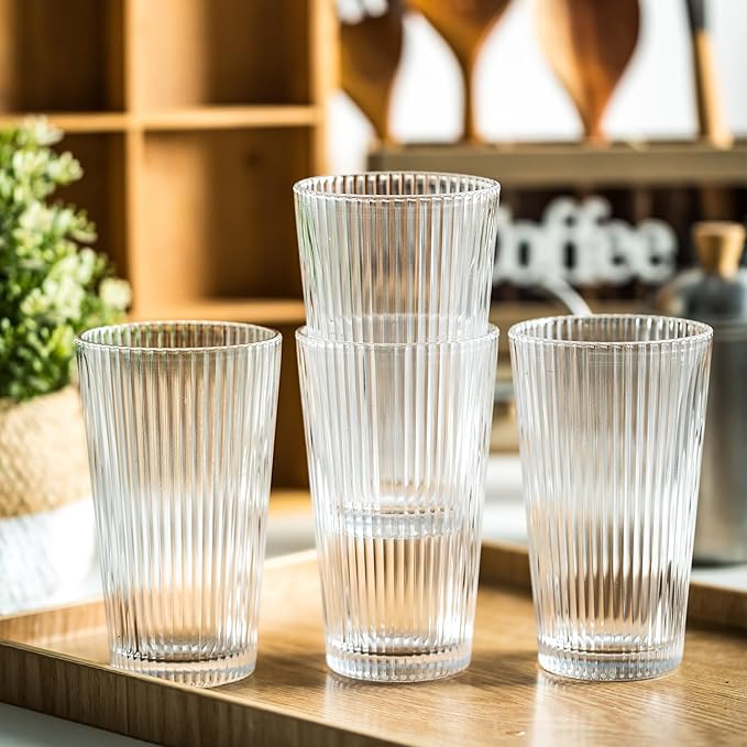 KEMORELA 12-Piece Vintage Ribbed Glassware Set, Old Fashioned Glasses, 16oz Clear Drinking Glasses with Straws, Ideal for Party and Casual Drinking - Classic Design for Any Occasion