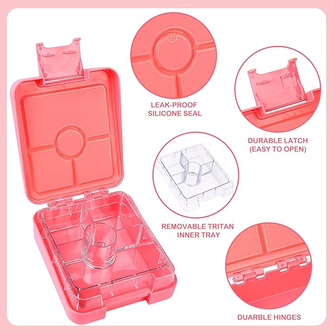 Bento Lunch Box Set With 10oz Soup Thermo, Leak-proof Lunch Containers with 4 Compartment, Kids Hot Thermo Food Jar/Insulation Lunch Bag, Food Containers for School（Flamingo）