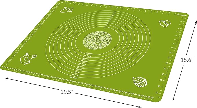 Silicone Baking Mat for Pastry Rolling Dough with Measurements, 25.6 x 17.7 BPA Free Non stick and Non Slip Green Table Sheet Baking Supplies for Bake Pizza Cake