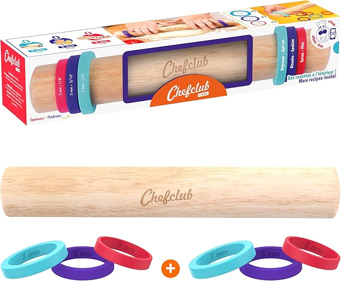 Adjustable Wooden Rolling Pin - 3 Removable Silicone Rings - Perfect for Baking & Pastry, Pizza, Pie, Cookie Dough - Precision Baking Tool for Kids