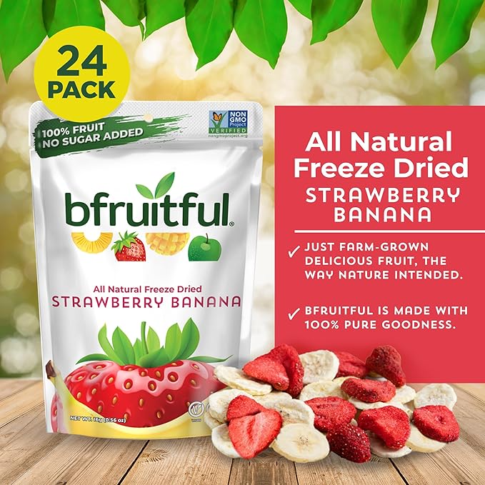 bfruitful Freeze-Dried Strawberry Banana, Freeze Dried Fresh Fruit Bites, Gluten Free, Vegan, Dairy Free, Kosher, No Sugar Added, Non GMO, Healthy Snacks for Kids or Adults, 0.56 oz Single-Serve Snack Packets, 24 Pack