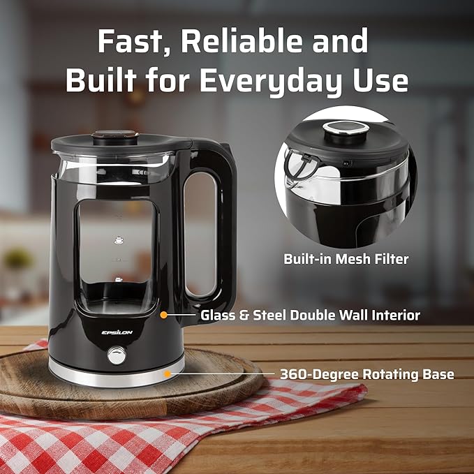 Epsilon 1.7L Glass Electric Kettle – Hot Water Tea Kettle with LED Light, Stainless Steel & Borosilicate Glass, Auto Shut-Off, BPA-Free Electric Teapot, 1500W Fast Boil, Cool Touch