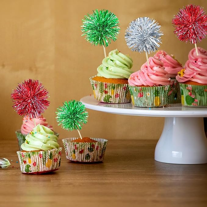 Gyufise 30Pcs Foil Firework Cupcake Toppers Sparkle Tinsel Cake Toppers Tinsel Drink Cake Decoration Cocktail Picks for Birthday Wedding Graduation Party Supplies Silver Green Red