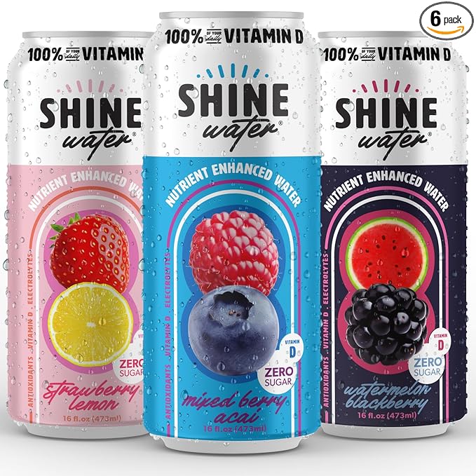 ShineWater Vitamin D Electrolyte Drink | Zero Sugar Hydration Beverage with Magnesium, Zinc & Antioxidants | Low Calorie Plant-Based Vitamin Water | Variety Pack of 6