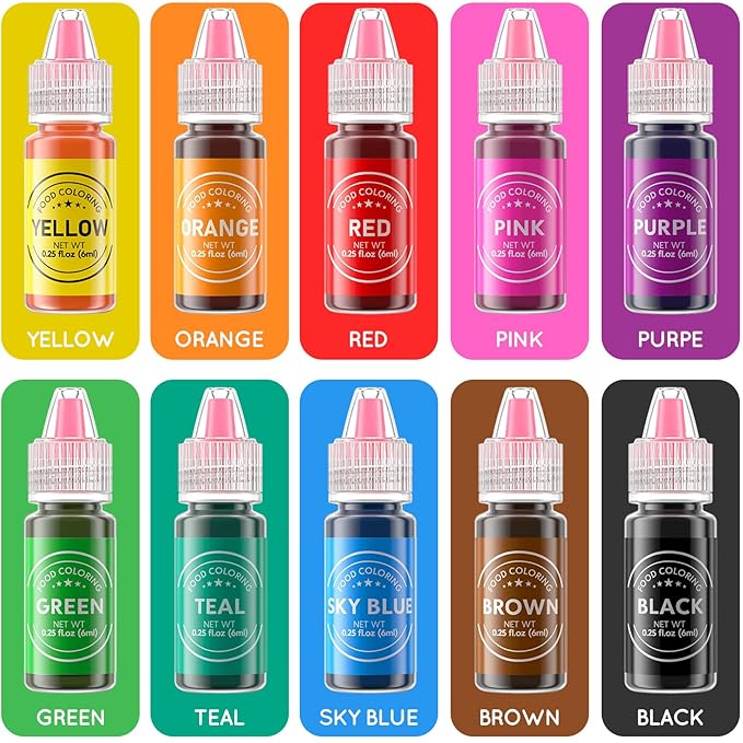 Food Coloring Liquid 10 Colors for Baking,Cherrysea Food Grade Cake Food Coloring Set for Halloween,Fondant,Cookies,Icing,Easter Egg Dessert Decorating Making DIY Supplies Kit- 0.25 Fl. oz (6