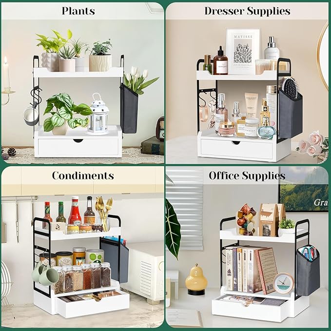 Coffee Station Organizer for Counter, Condiment Storage Caddy for Kitchen with Hooks and Bag,2 Tier Wooden Shelf for Coffee Bar Accessories,Coffee Bar Organizer for Kitchen, Home, Office-Brown