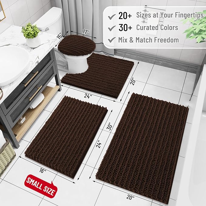 Arotive Luxury Chenille Bathroom Rug Mat, Extra Soft Thick Absorbent Shaggy Bath Rugs, Non-Slip Machine Wash Dry, Plush Bath Mats for Bathroom, Shower and Tub, 44x24, Brown