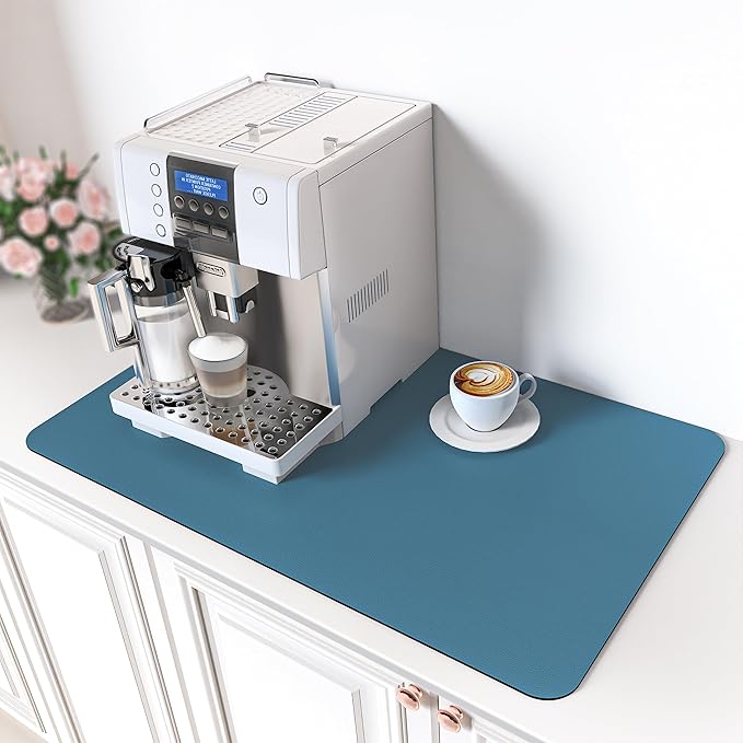 PoYang 24"x16" Coffee Mat Large, Coffee Bar Accessories for Countertop, Absorbent Dish Drying Mat, Anti-Slip and Hide Stain Pad for Espresso Machine, Espresso Maker and Kitchen Counter, Blue