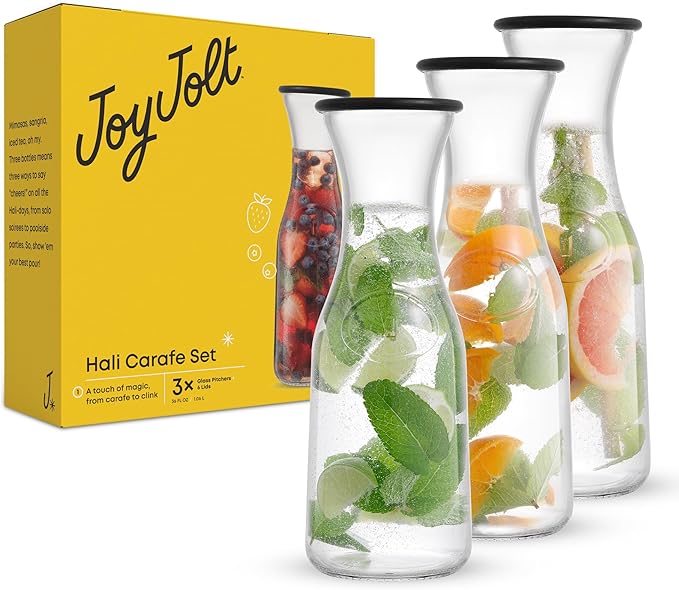 JoyJolt Glass Carafe with Lid, Set of 3 – 1 Liter Glass Pitcher for Mimosa Bar, Water, Iced Tea, Juice, Wine, Lemonade, Milk – Dishwasher Safe Beverage Drink Dispensers for Brunch, Parties