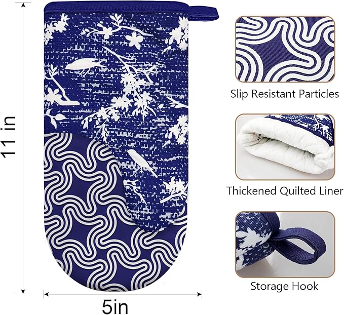 Thumb Oven Mitts, Heat and Slip Resistant Silicone Kitchen Mittens 2-Pack Set, Birds Flower Soft Long Oven Gloves, Flexible Thick Potholders for Safe Baking Cooking and Grilling (Navy)