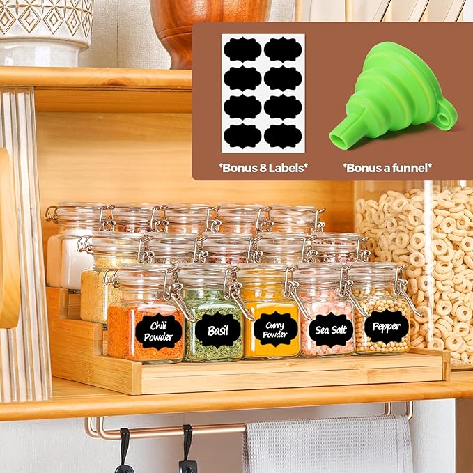 ComSaf 4 oz Glass Jars with Lid, Set of 6 Mini Airtight Glass Jars, Spice Jars, Small Mason Jar, Canning Jar Square with Seal Wire Clip Fastening, Labels & Funnels for Jam, Honey, Kitchen, Wedding