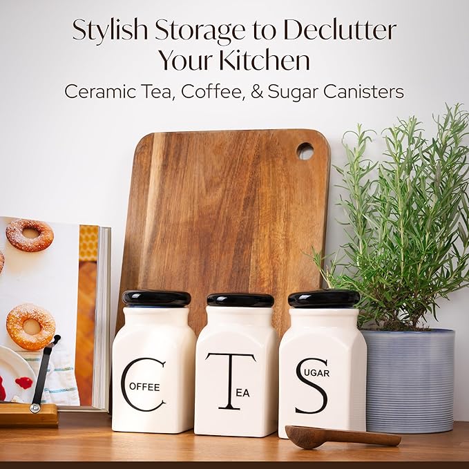 Ceramic Canister Set of 3 – Small Kitchen Canisters for Sugar, Coffee & Tea – Airtight Food Containers with Lids – Coffee Canister, Sugar Container, Tea Set