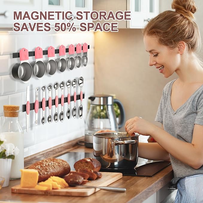 16-Piece Stainless Steel Measuring Cups and Spoons Set, Strong Magnetic Nesting Design 7 Cups 8 Spoons with Leveler, Double Measurement Markings for Dry & Liquid Ingredients, Pink