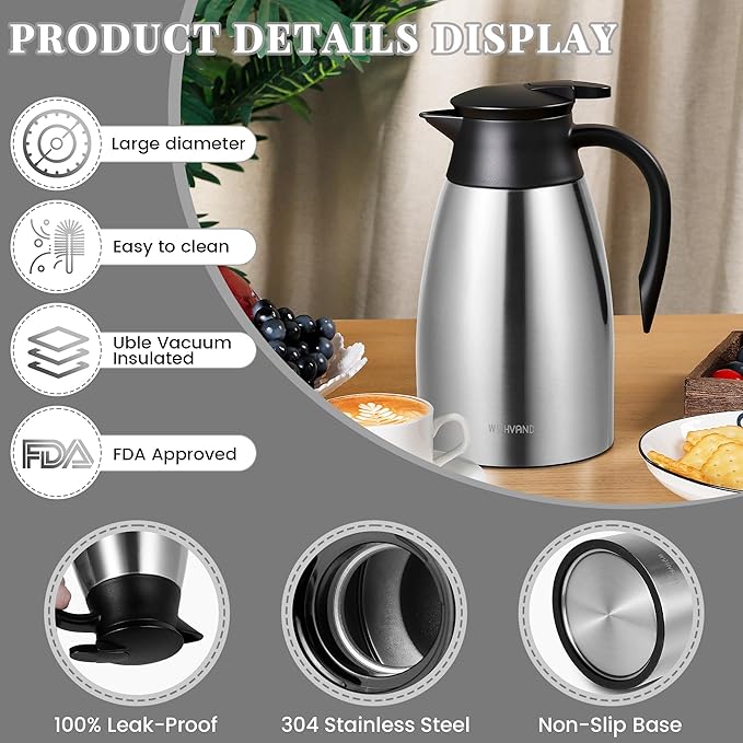 51 Oz Thermal Coffee Carafe, Stainless Steel Insulated Vacuum coffee crafts to keep coffee hot, 1.5 Liter Tea Water Coffee and Beverage Dispenser (Silver)