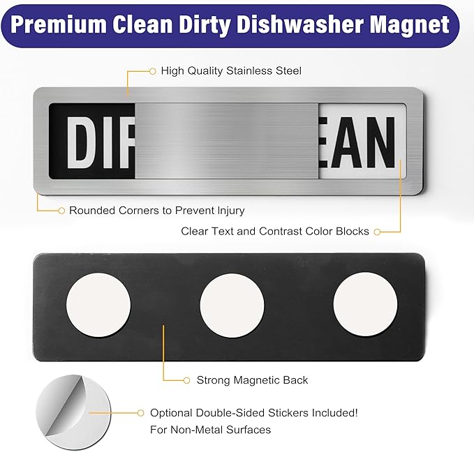 Dishwasher Clean Dirty Sign-Dishwasher Magnet Stainless Steel Clean Dirty Sign for Kitchen Organization Farmhouse Dishwasher Slide Indicator, Optional Adhesive Stickers