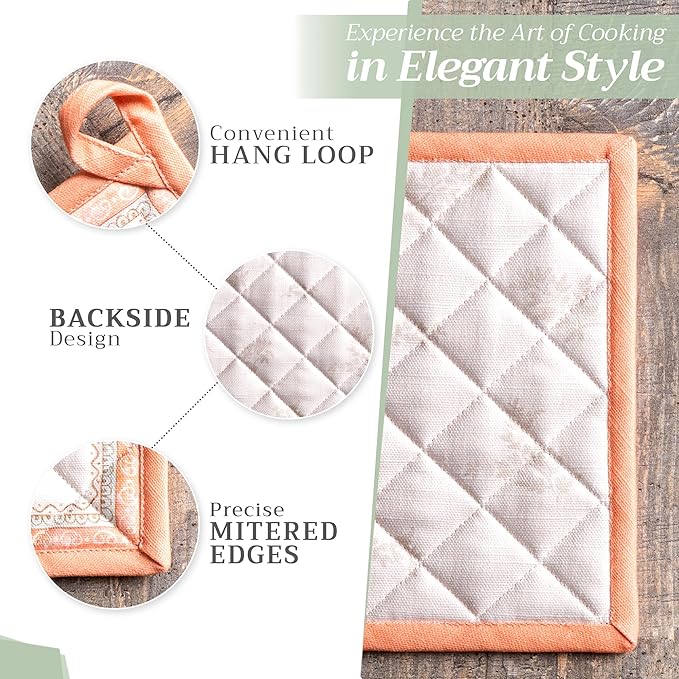 Maison d' Hermine 100% Cotton Oven Mitt & Pot Holder Set (7.5"x13" & 8"x8") Heat Resistant BBQ Cooking Gloves with Loop, Baking, Grilling, Kitchen, Handling Hot Pans (Giving Thanks)