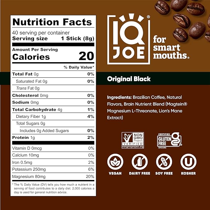 IQJOE Mushroom Coffee Packets (40 Servings) Lion’s Mane, Magtein Magnesium, Antioxidants, Adaptogens - Original Black - Instant Coffee for Focus, Clarity, Mood, Energy Boost - Sugar Free, Keto, Vegan