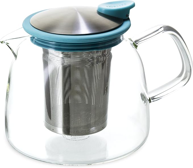 FORLIFE Bell Glass Teapot with Basket Infuser, 24 oz./730 mL, Turquoise