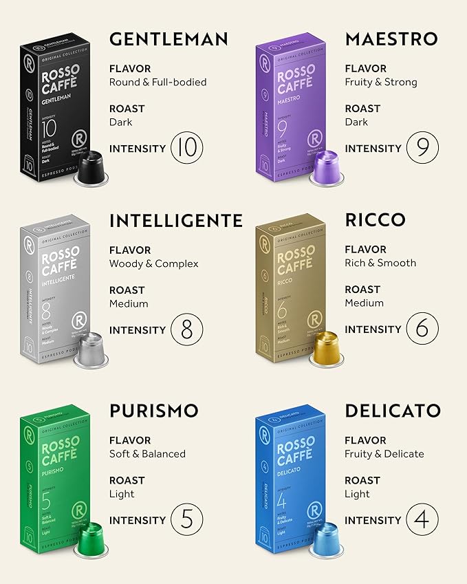 ROSSO CAFFÈ 60 Espresso Coffee Pods for Nespresso Original Machines - Premium Capsule Sampler Variety Pack 6 Flavors, Rich Breakfast to Intense Roasts