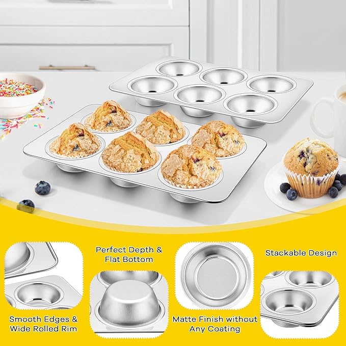 Homikit 1 Pack Muffin Pan, Stainless Steel Cupcake Tin with 6 Cups Regular Size, Thick Metal Egg Bites Bakeware for Oven Baking, Rust Free & Non Toxic, Also Be Snack Tray for Kids, Dishwasher Safe