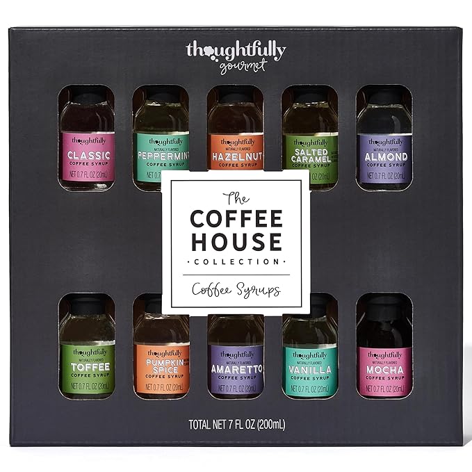 Thoughtfully Gourmet, Coffee Syrup Sampler Gift Set, Syrup Flavors Include Salted Caramel, Vanilla, Mocha, Hazelnut, Pumpkin Spice, & More, Set of 10