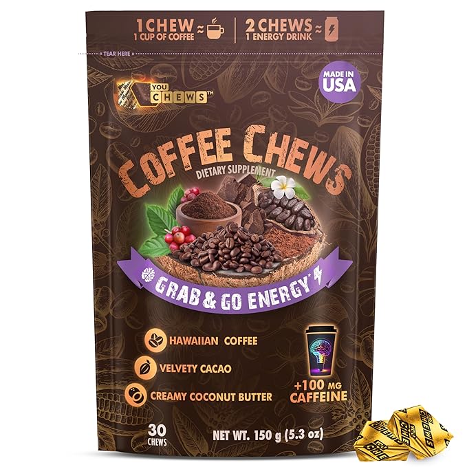 YouChews Coffee Chews - Grab & Go Energy with 100mg per Chew of Clean, Green Caffeine. With Real Organic Ingredients, Low Sugar, Great Bold Taste & Long Lasting Energy Boost (30 Chews Pack)