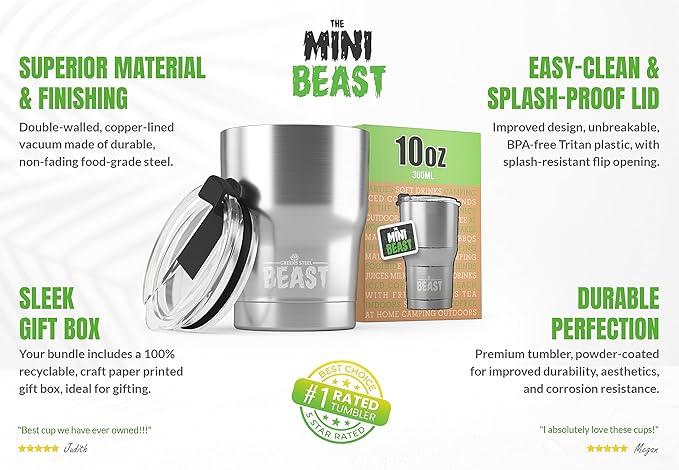 Beast 10 oz Tumbler Stainless Steel Vacuum Insulated Coffee Ice Cup Double Wall Travel Flask (Steel)