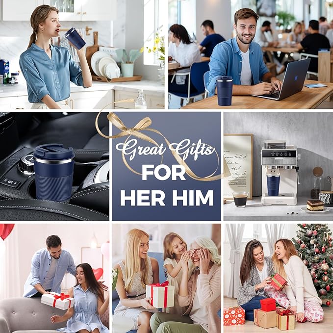 Volhoply 13 oz Stainless Steel Insulated Travel Coffee Mug with Fip Lid Bulk 2 Pack,Reusable Double Wall Vacuum Metal Coffee Cup,Portable Leak Proof Thermal Tumbler for Hot & Cold Drinks(Navy,2)