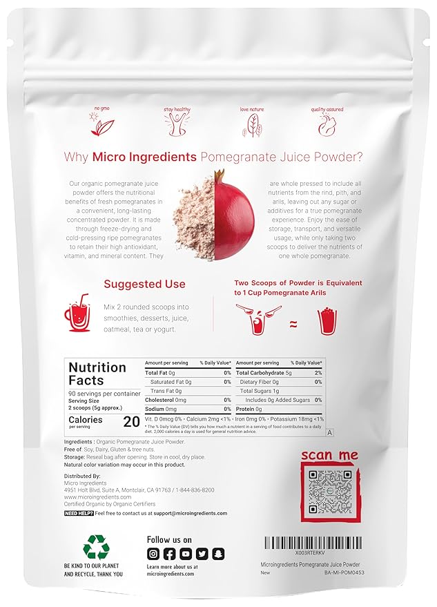 Organic Pomegranate Juice Powder, 1 Pound | 100% Natural Fruit Powder | Freeze Dried & Cold Pressed | No Sugar & Additives | Great Flavor for Drinks, Smoothie, & Beverages | Non-GMO & Vegan Friendly