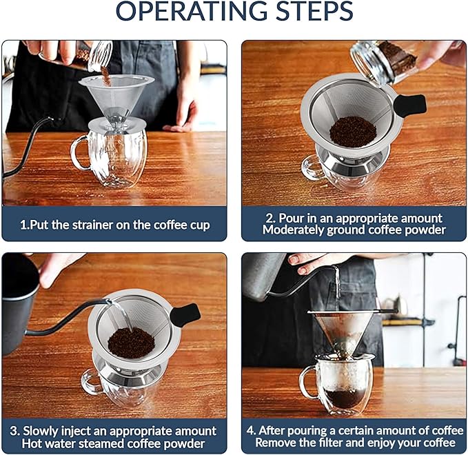 Pour Over Coffee Dripper-Stainless Steel Coffee Filter,Reusable Drip Cone Coffee Filter Portable Pour for 1-4 Cup (With Base, M)