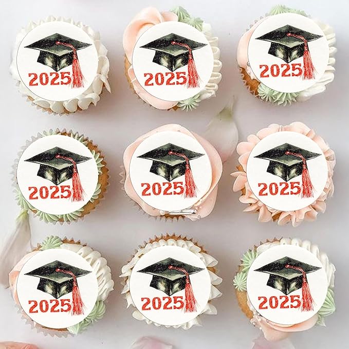 Gyufise 48Pcs Edible 2025 Graduation Cap Cupcake Toppers Wafer Paper Class of 2025 Grad Cap Cupcake Picks for 2025 Graduation Theme Party Cake Decorations Supplies Red