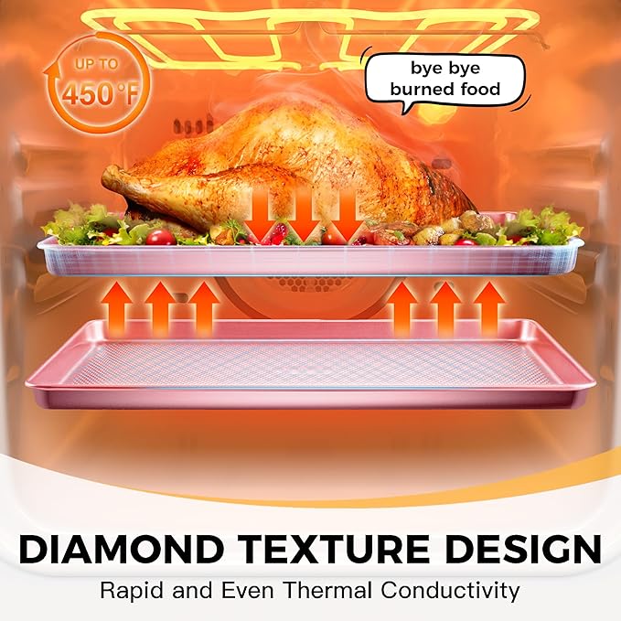 HONGBAKE 9-Piece Baking Pans Set Nonstick, Stackable Non Toxic Bakeware Sets with Diamond Texture, Oven Pan Set for Cooking, Includes Cookie Sheet with Rack, Cake Pan, Roasting Pan, Muffin Tin, Pink