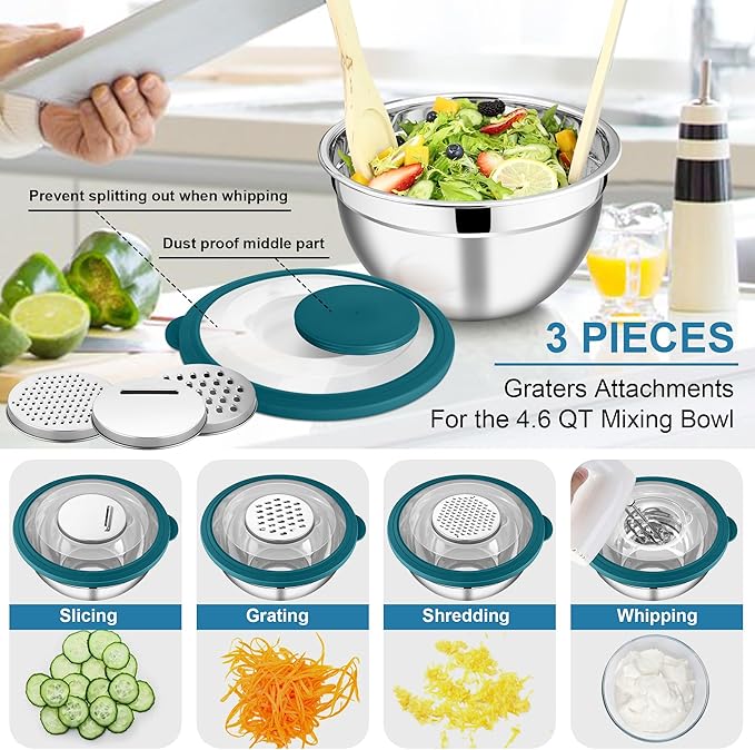 E-far Mixing Bowls with Lids and Graters, Stainless Steel Salad Mixing Bowl with Transparent Lid Set of 3, Metal Nesting Salad Storage for Kitchen Prepping/Serving/Baking, 4.6/2.6/1.5QT - Teal Blue