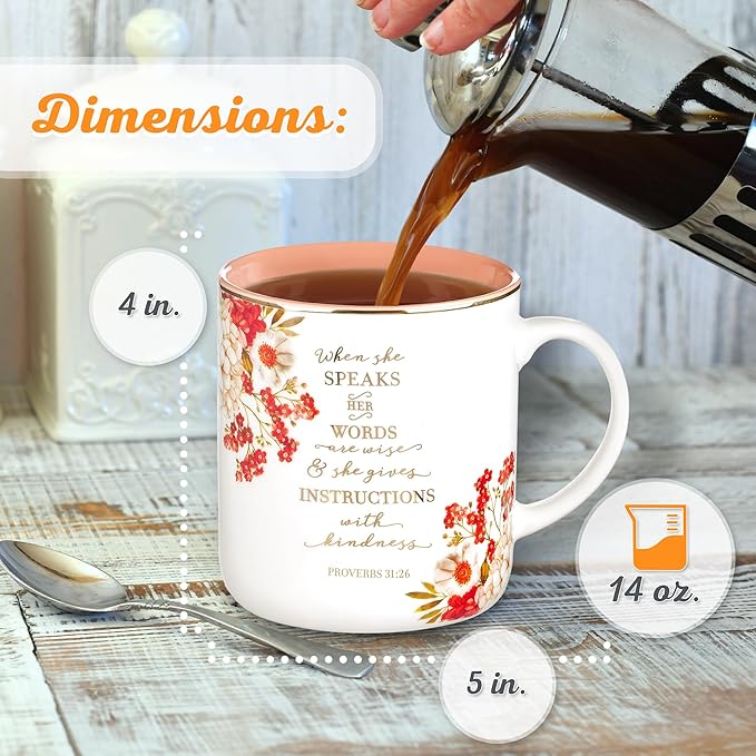 Christian Art Gifts Floral Ceramic Coffee Mug with Gold Rim – 14 oz. Lead & Cadmium-free, Non-toxic Inspirational Scripture Coffee & Tea Mug for Women with Bible Verse: When She Speaks –Proverbs 31:26