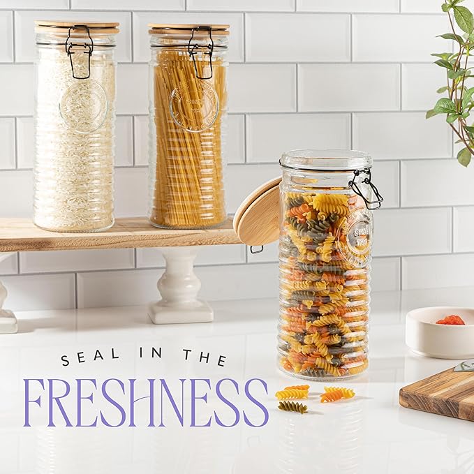kitchentoolz Glass Storage Canister with Airtight Clasp Lids - Set of 3 Mason Jar Storage Containers for Cereal, Coffee & Rice - 56 Ounce Pantry Organizing Canister Set