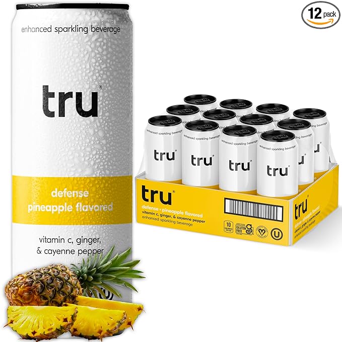 Tru Defense Seltzer, Sparkling Water with Vitamin C, Ginger Extract, Cayenne Pepper & Real Pineapple Juice, Sweetened with Monk Fruit & Stevia, Gluten Free, Vegan, Caffeine Free, 12 FL OZ Can, 12 Pack