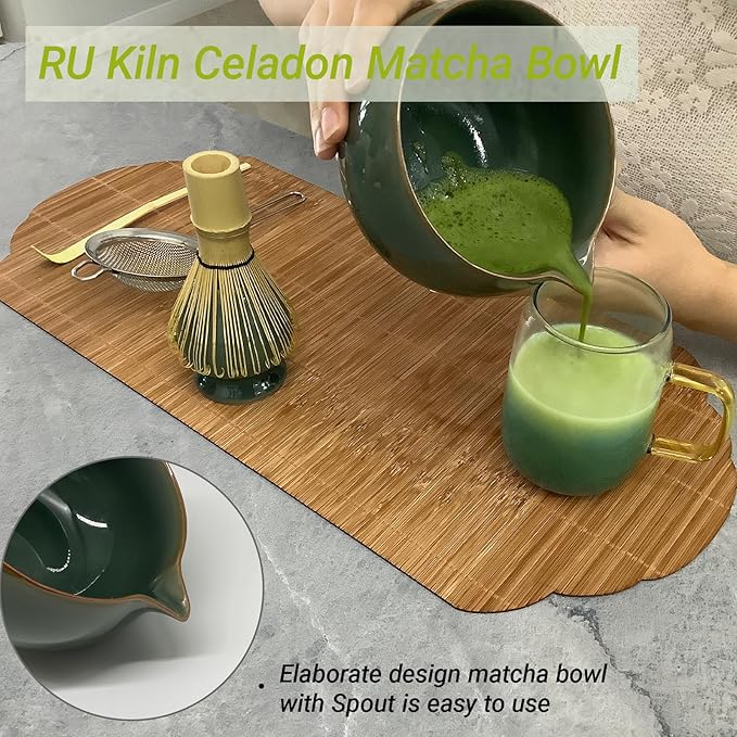 Matcha Whisk Set – 5 Pcs Matcha Set Whisk and Bowl with Spout, Bamboo Scoop, Sifter & Holder – Ru Kiln Matcha Bowl Japanese Tea Kit for Gifts, Home Use & Ceremonial Rituals (green)