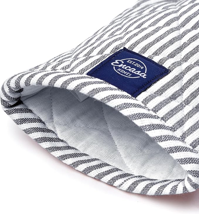 Encasa Homes Long 12"x7" Oven Microwave Hand Gloves Mitts (2 pc Set) for Kitchen Cooking & Baking - Heat Resistant, Thick & Safe, Protection of Hands from Hot Utensils - Ticking Navy Blue