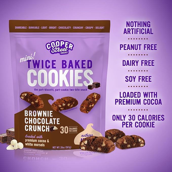 Cooper Street Twice-Baked Brownie Chocolate Biscotti Cookies (16oz each, Pack of 2) - 50 Two-Bite Mini Italian Style Snacks - Dairy-Free, Peanut Free, Kosher, Low-Calorie, Perfect with Coffee or Tea