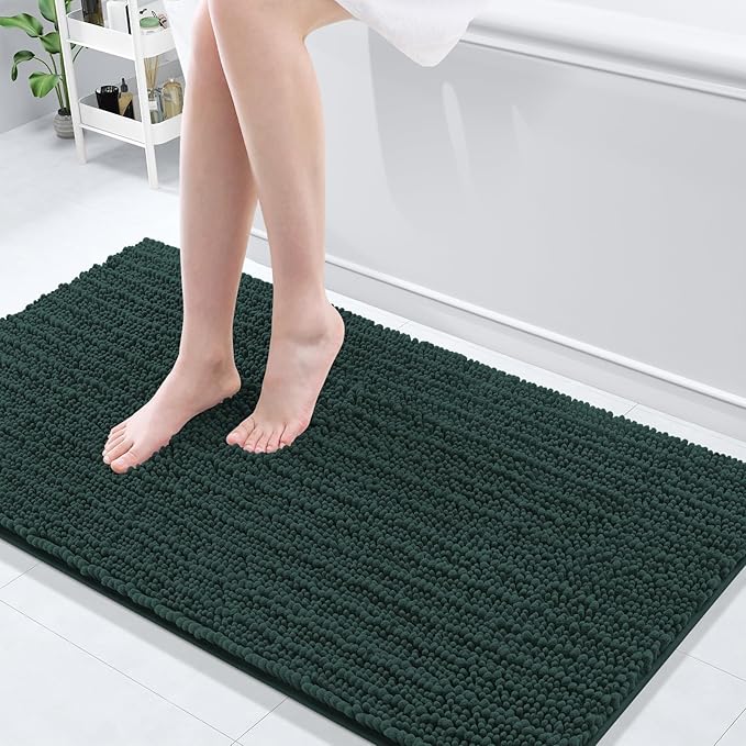 Arotive Luxury Chenille Bathroom Rug Mat, Extra Soft Thick Absorbent Shaggy Bath Rugs, Non-Slip Machine Wash Dry, Plush Bath Mats for Bathroom, Shower and Tub, 54x24, Dark Green